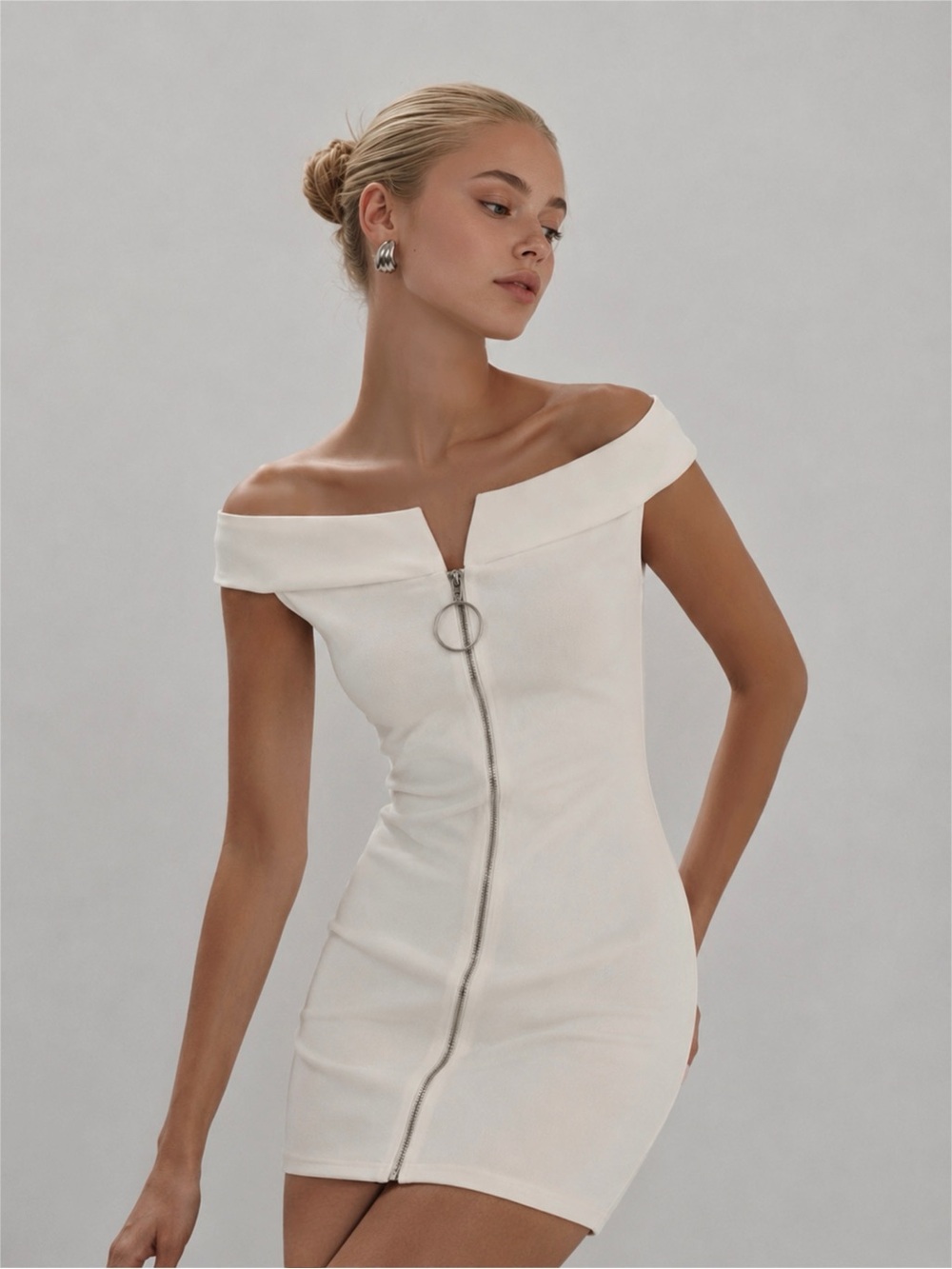 Missguided White Off-Shoulder Zip-Front Bodycon Mini Dress